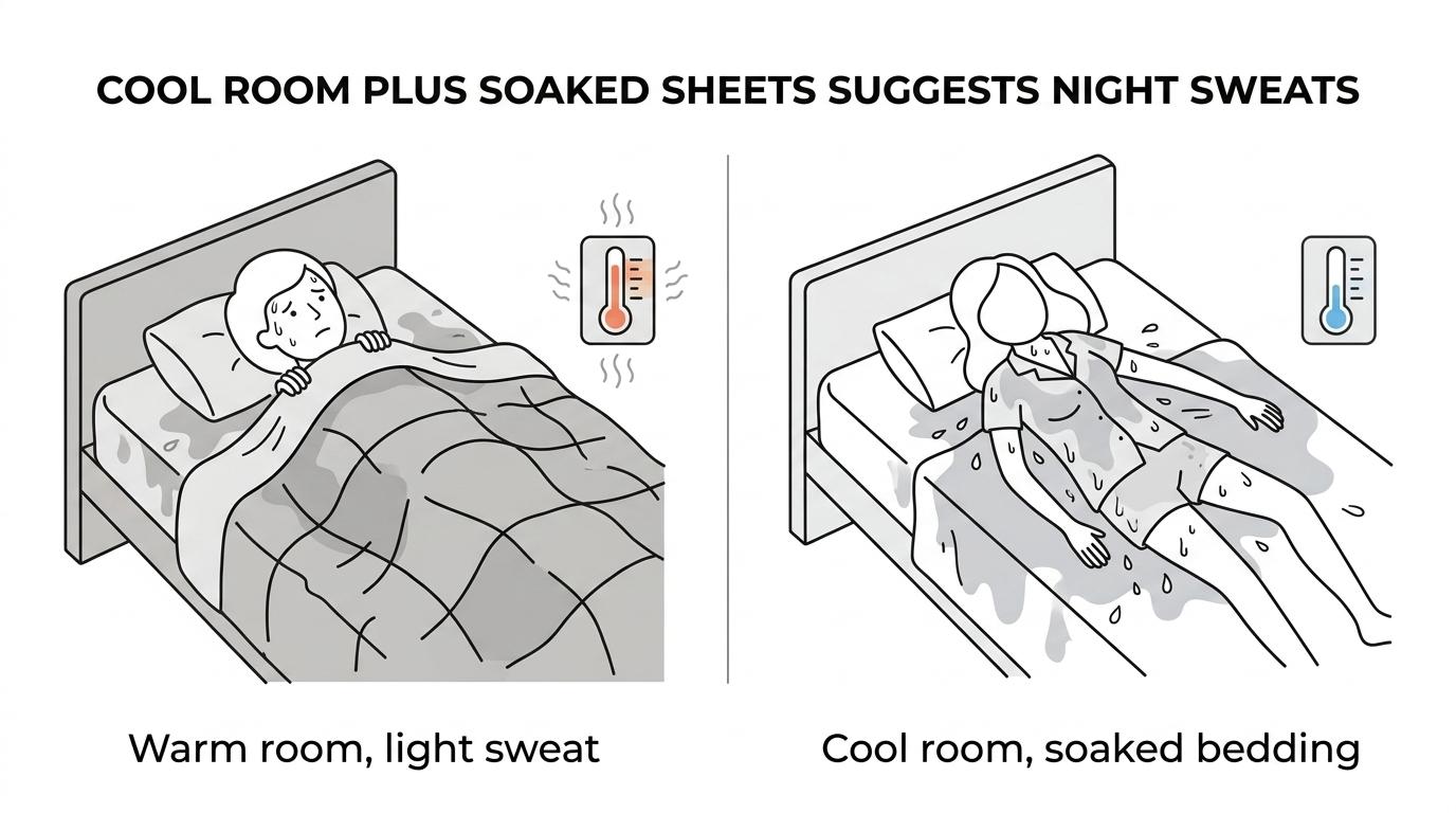 Side-by-side view of a sleeper overheating under heavy bedding versus a sleeper having true night sweats in a cool room with soaked sheets.