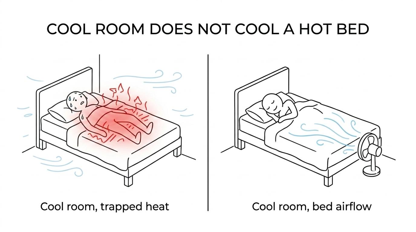 Side-by-side view of a sleeper in a cool bedroom overheating under blankets versus the same bed with airflow moving between the sheets.