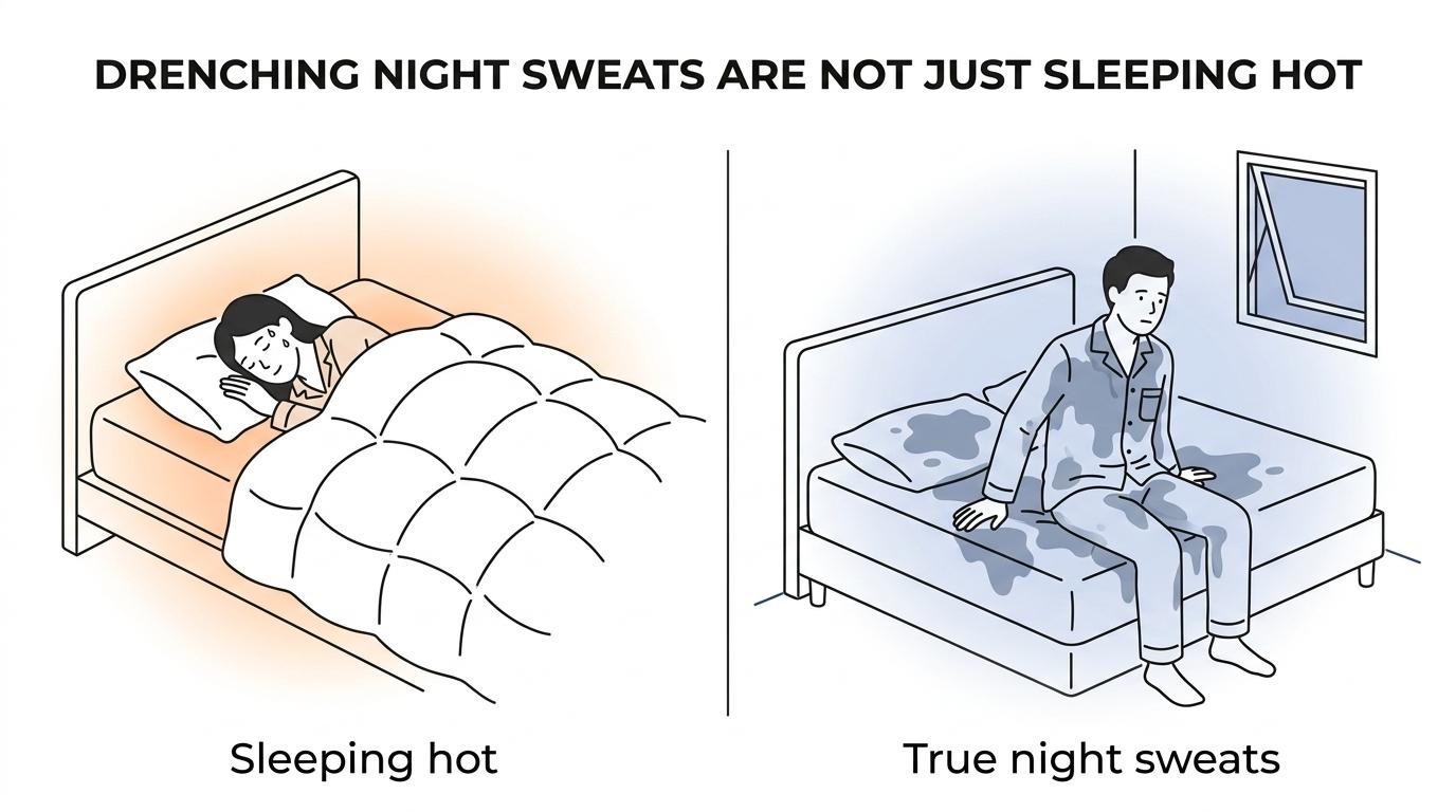 Side-by-side comparison of ordinary sleeping hot versus infection-related night sweats with drenching sweat and warning symptoms.