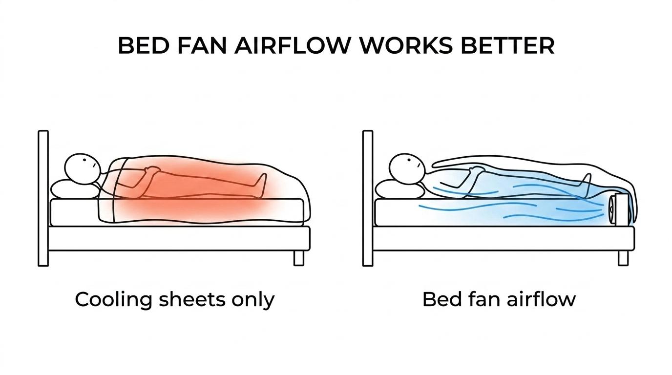 Side-by-side comparison of cooling sheets affecting surface feel and moisture versus a bed fan pushing room air under the covers to remove heat and humidity.
