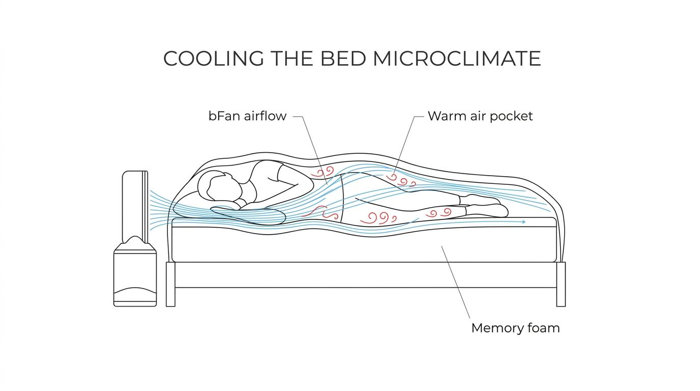 Labeled side view of a person on a memory foam mattress showing trapped warm air between the body and bedding, with bFan airflow moving through the sheets.