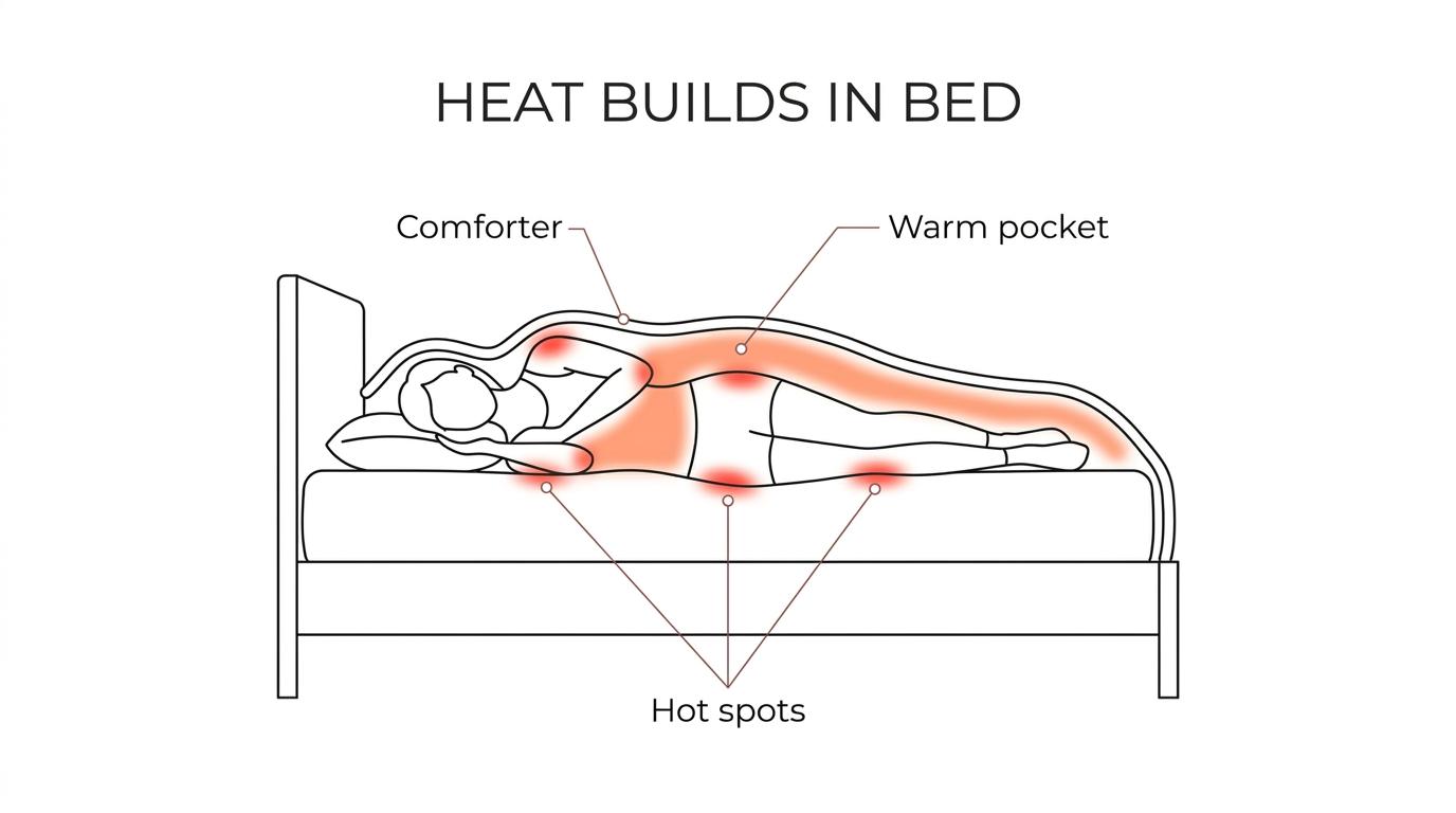 Cutaway of a sleeper in bed showing heat and humidity trapped between the body, sheets, protector, and mattress while cooler room air stays outside.
