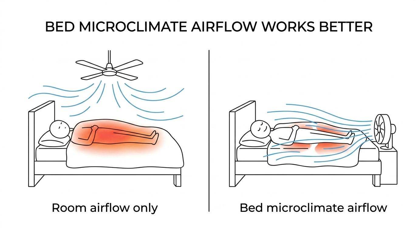Side-by-side view of a ceiling fan circulating air around a bedroom and a bed fan pushing air under the covers toward a sleeper.