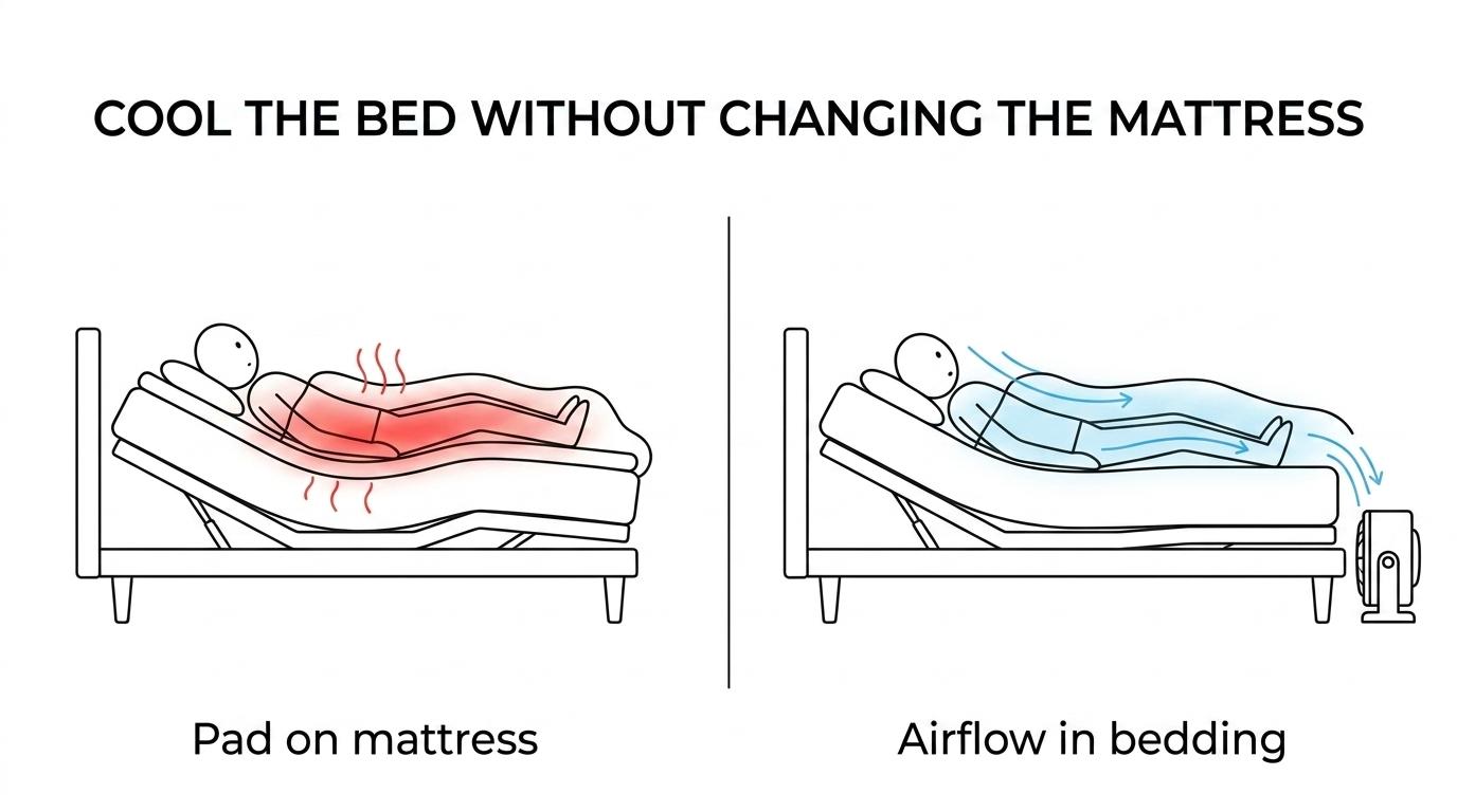 Side-by-side view of an adjustable bed with a cooling pad on the mattress versus bFan directing airflow between the sheets.