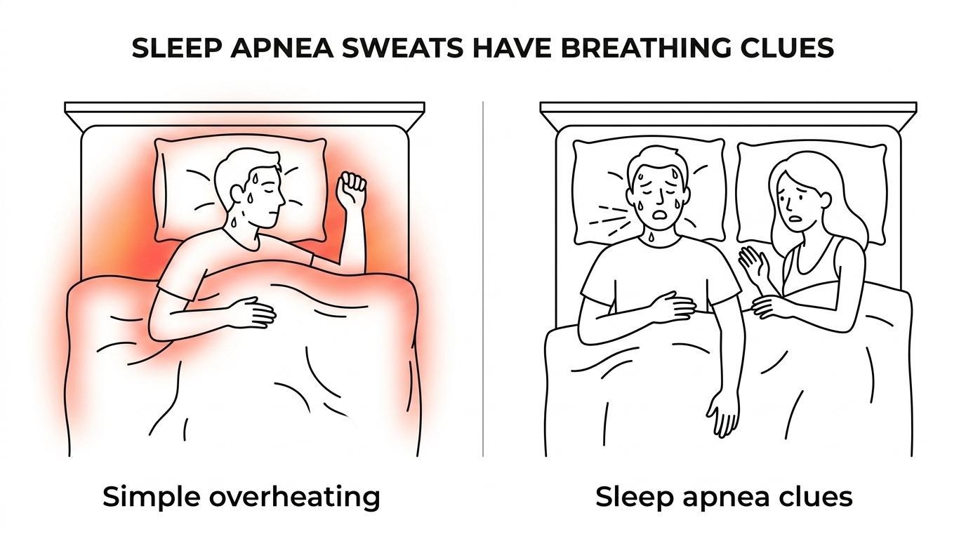 Side-by-side comparison of sleep apnea-related night sweats versus simple overheating, showing symptoms, response to cooling, and when to seek testing.