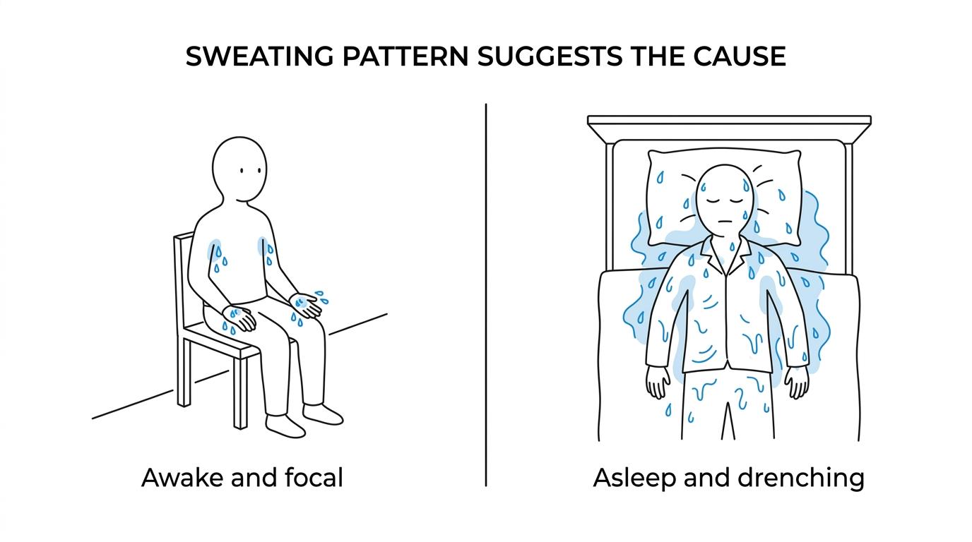 Side-by-side comparison of primary hyperhidrosis, secondary sweating, and night sweats showing timing, body areas, and common causes.
