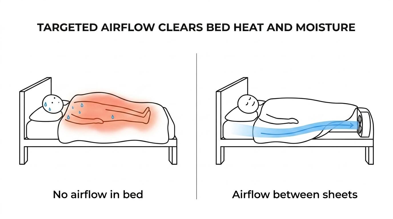 Side-by-side bed cross-sections showing trapped heat and humidity under covers versus bFan airflow moving between the sheets and clearing heat from the sleeper.