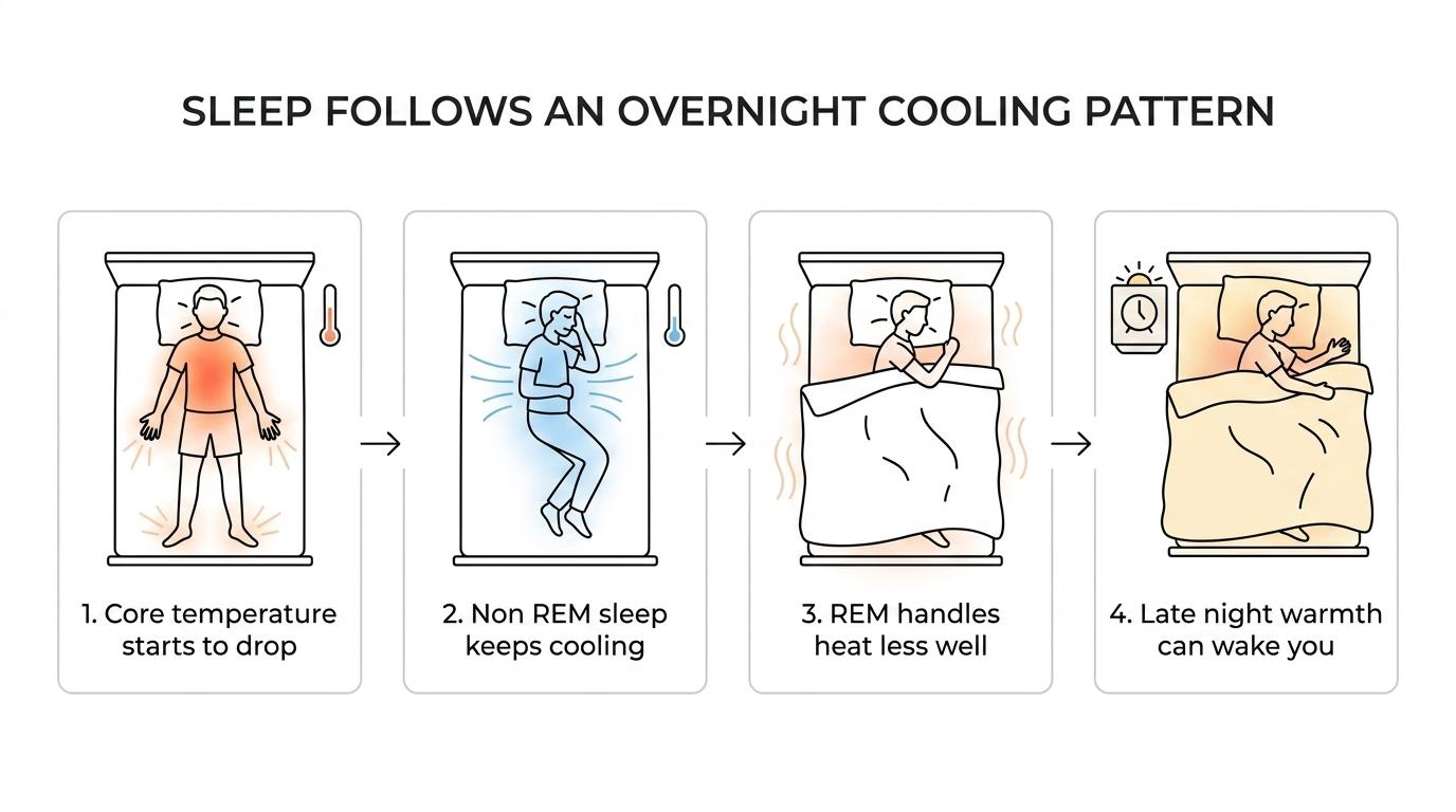 Nighttime sleep timeline showing core temperature dropping at sleep onset, cooling through non-REM sleep, and greater overheating sensitivity during REM later in the night.