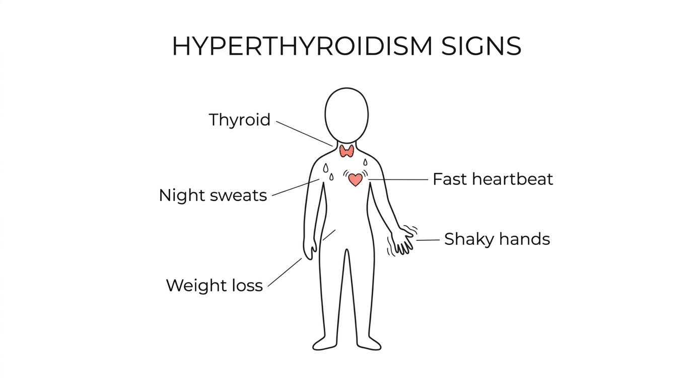 Illustrated human body with the thyroid highlighted and labels for night sweats, heat intolerance, racing heart, tremor, weight loss, insomnia, bowel changes, and eye symptoms.