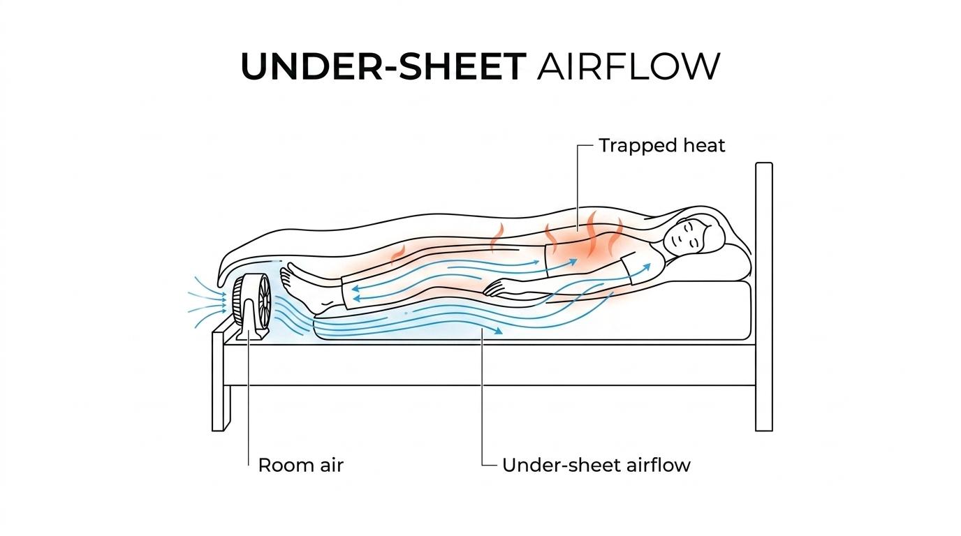 Cutaway bed diagram showing a bed fan sending airflow under the sheets across a sleeper’s legs and torso while trapped heat escapes from the bedding.