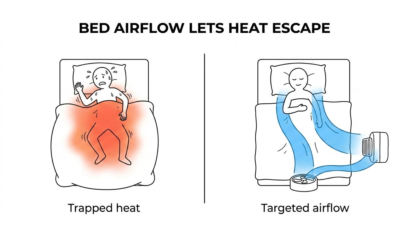 Side-by-side bed scene showing trapped heat under blankets on one side and directed airflow between the sheets cooling the sleeper on the other side.