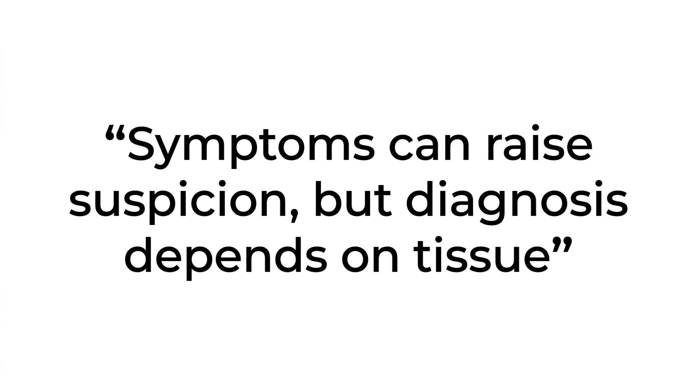 Quote graphic with the line, 'Symptoms can raise suspicion, but diagnosis depends on tissue.'