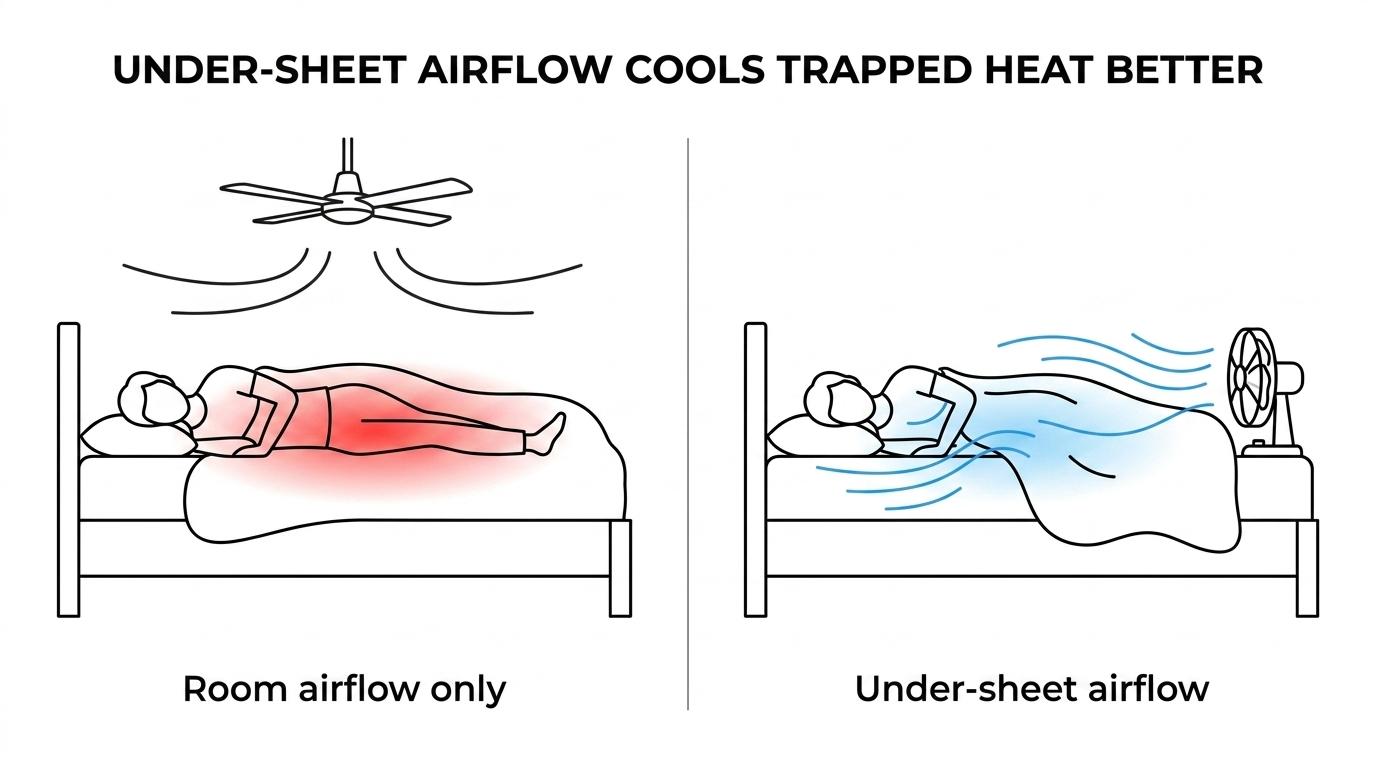Side-by-side bed setup showing a ceiling fan circulating room air versus a bed fan pushing air between the sheets.