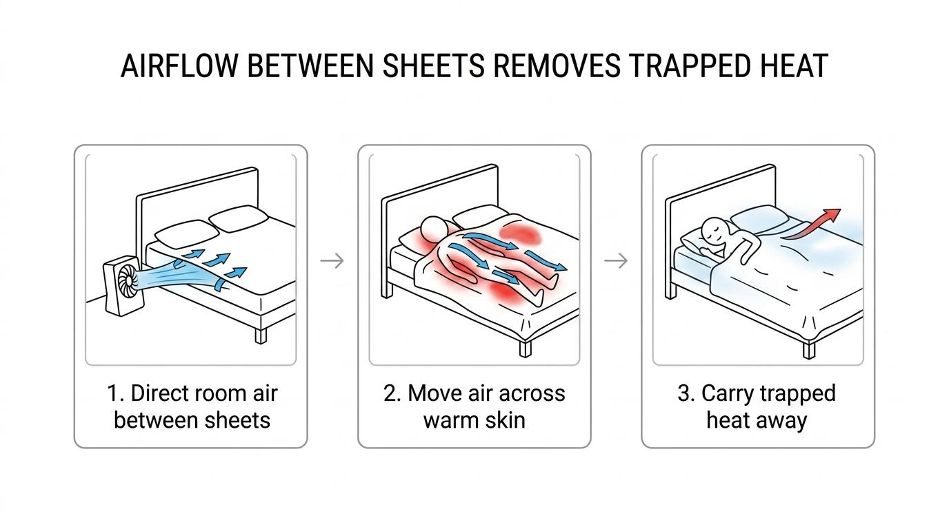 Diagram showing room air flowing from a bed fan between the sheets and carrying heat away from a sleeping person.