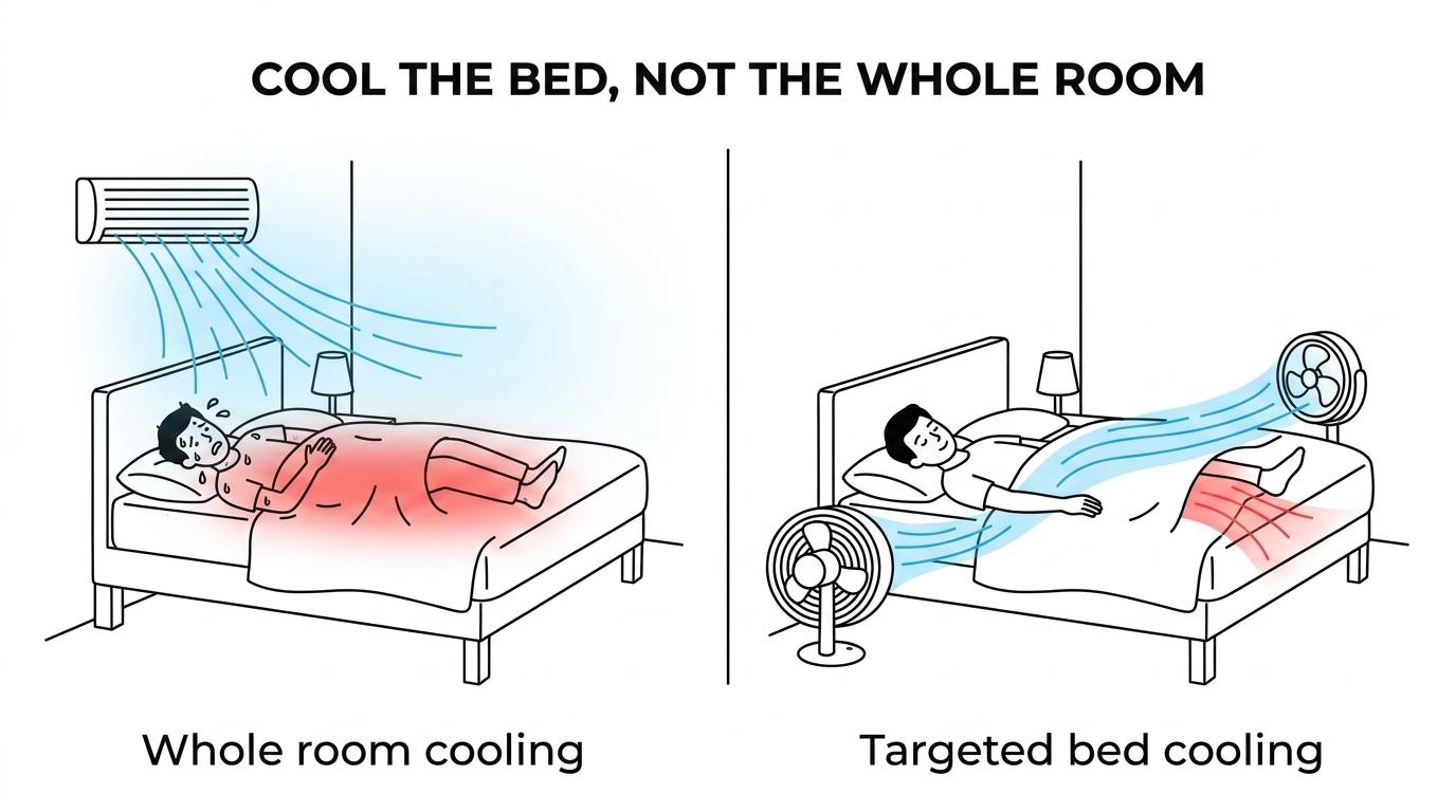 Side-by-side view of whole-room cooling versus airflow directed under bed covers toward a sleeping person.