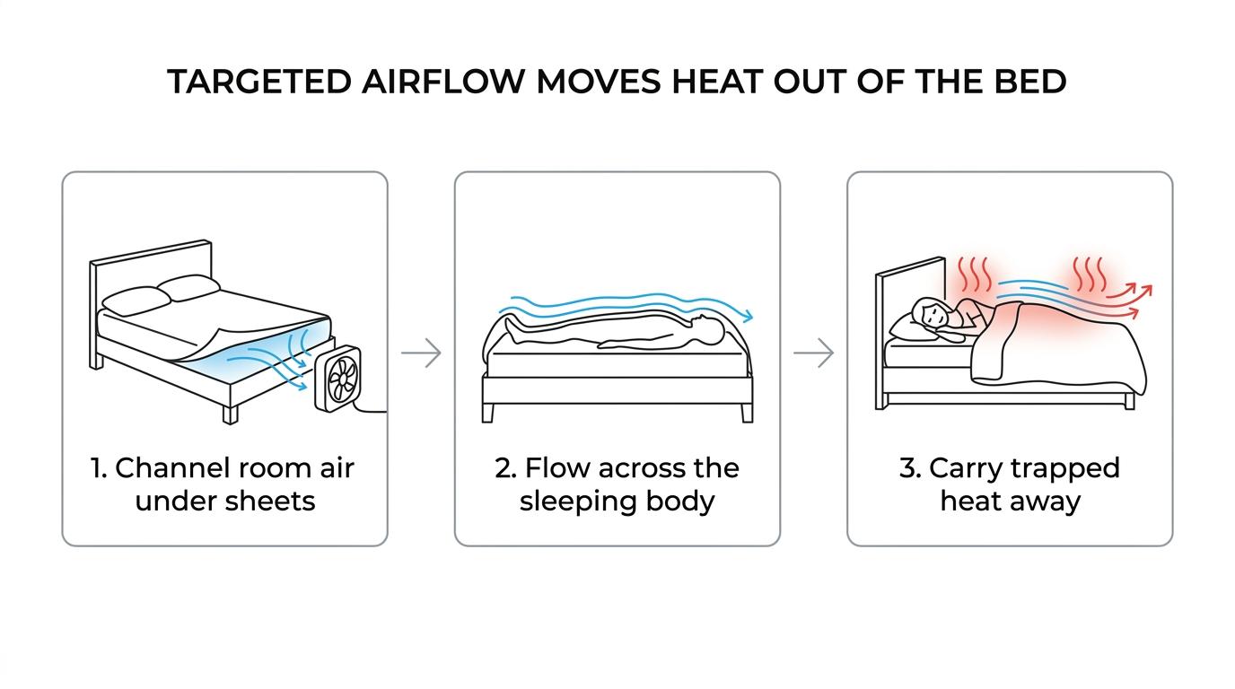 Step diagram showing a person using CPAP while a bFan pushes room air between the sheets and carries heat away from the body.