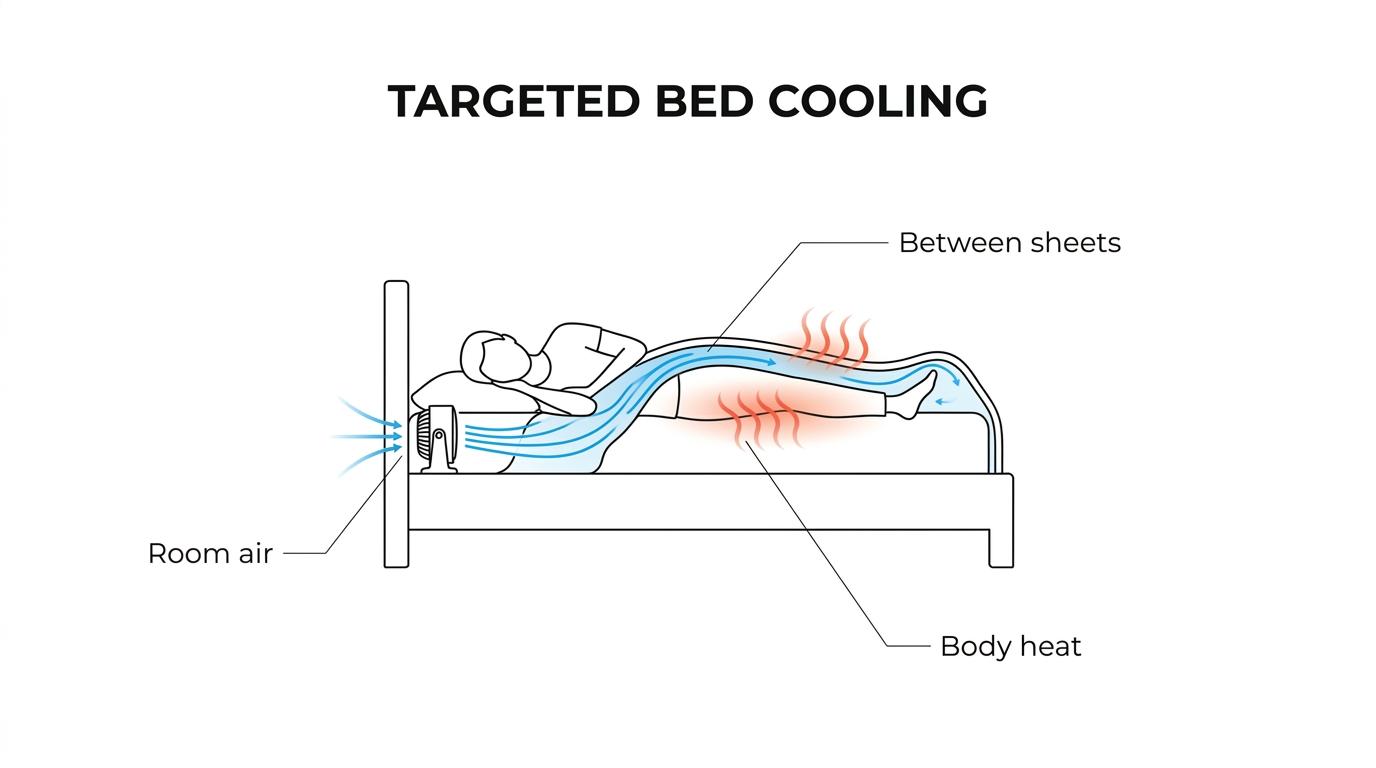 Cutaway view of a person in bed with heat trapped under the sheets and bFan moving room air between the bedding to carry heat away.