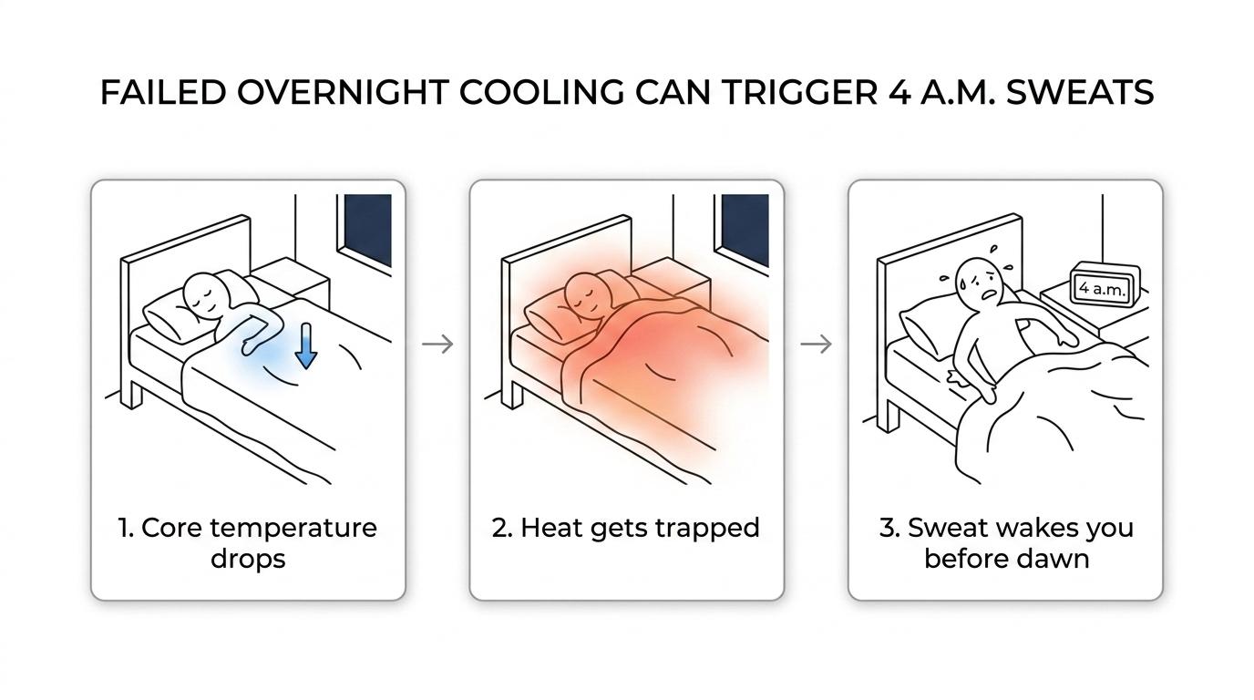 A step-by-step visual showing normal overnight body cooling, heat building under bedding, common triggers disrupting heat loss, and a person waking up sweaty before dawn.