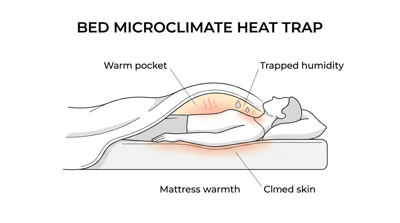 Cutaway view of a person in bed showing warm humid air trapped between the body, sheets, and mattress while cooler room air stays outside.