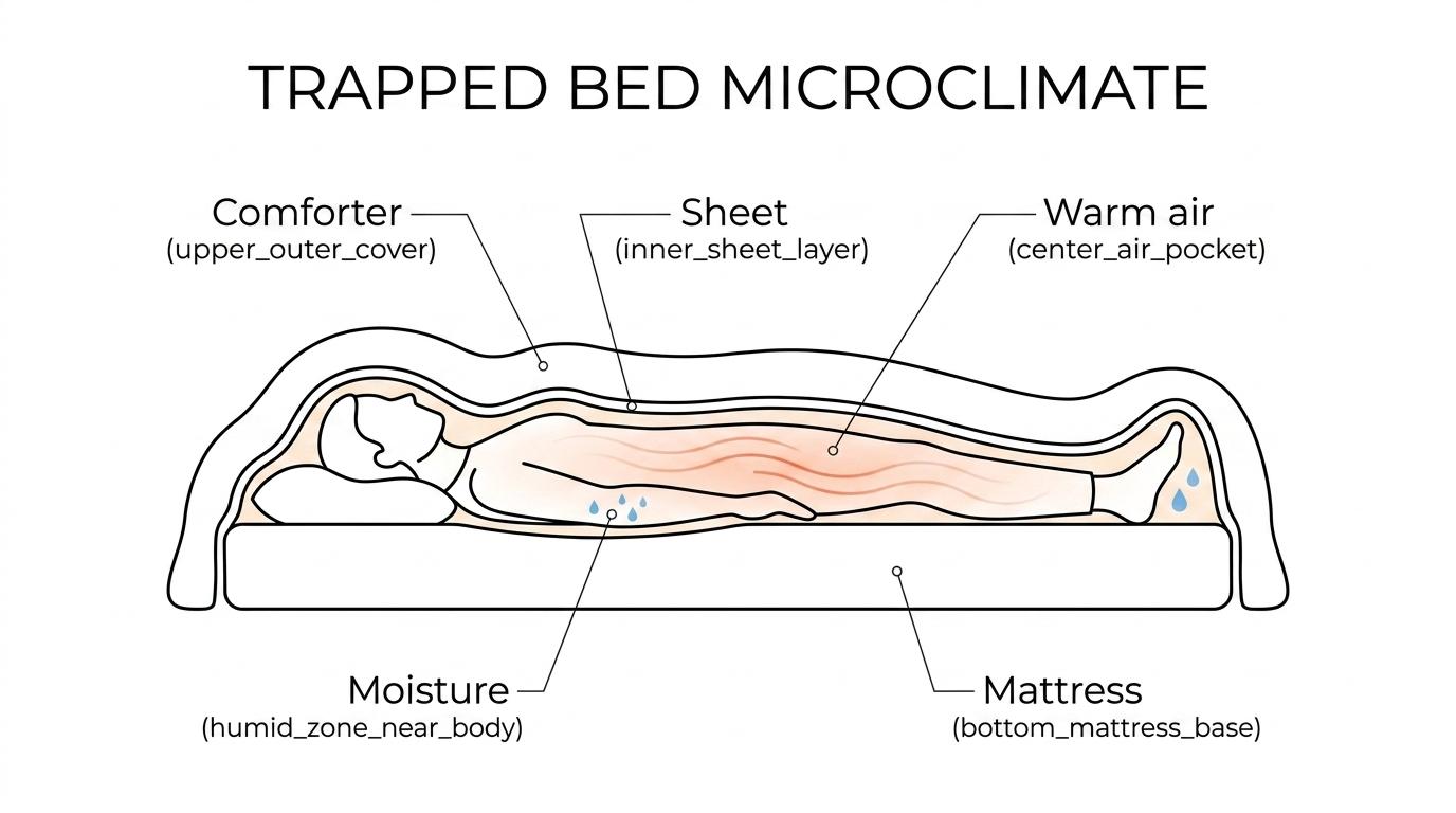 Cutaway of a person in bed showing warm humid air trapped under the sheets and airflow carrying heat away from the body.