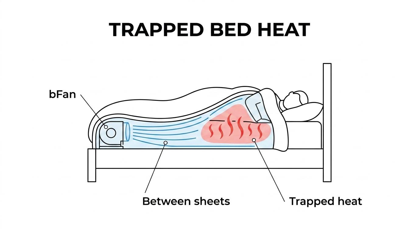 Cross-section of a bed showing trapped body heat under the covers and bFan airflow moving between the sheets to cool the sleeper.