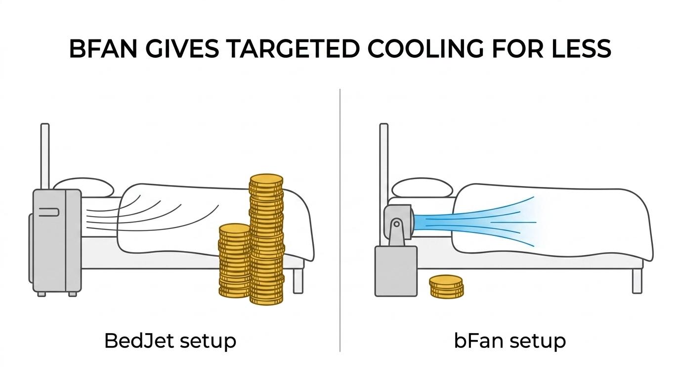 Side-by-side comparison of bFan and BedJet showing targeted bed airflow, cost positioning, noise, and dual-zone setup differences.