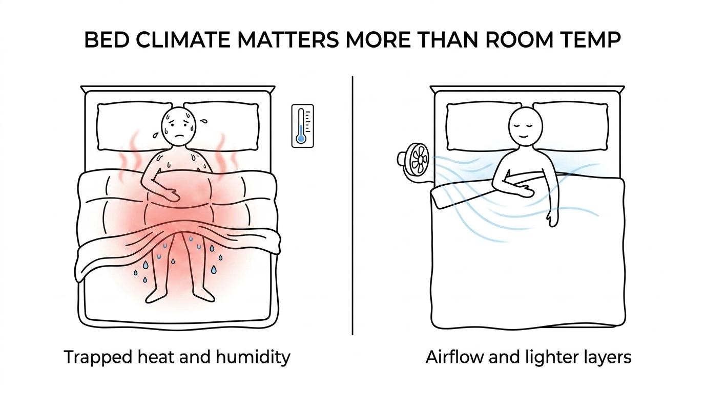 Side-by-side bed diagrams showing trapped hot, humid air under heavy bedding versus cooler airflow moving under the covers around a sleeper.