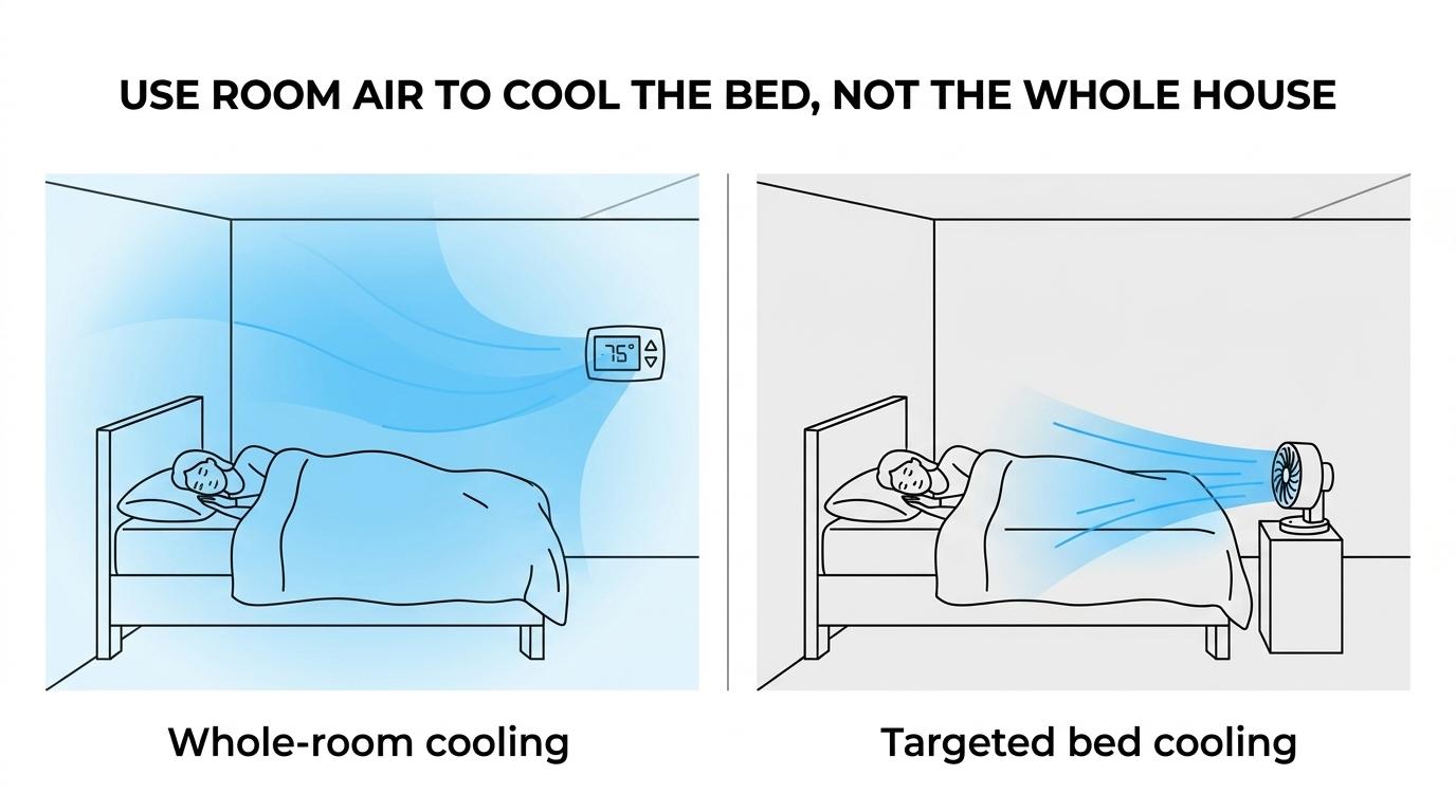 Side-by-side comparison of bFan and Bedjet showing under-sheet airflow, dual-zone setup options, and bFan’s lower relative cost.