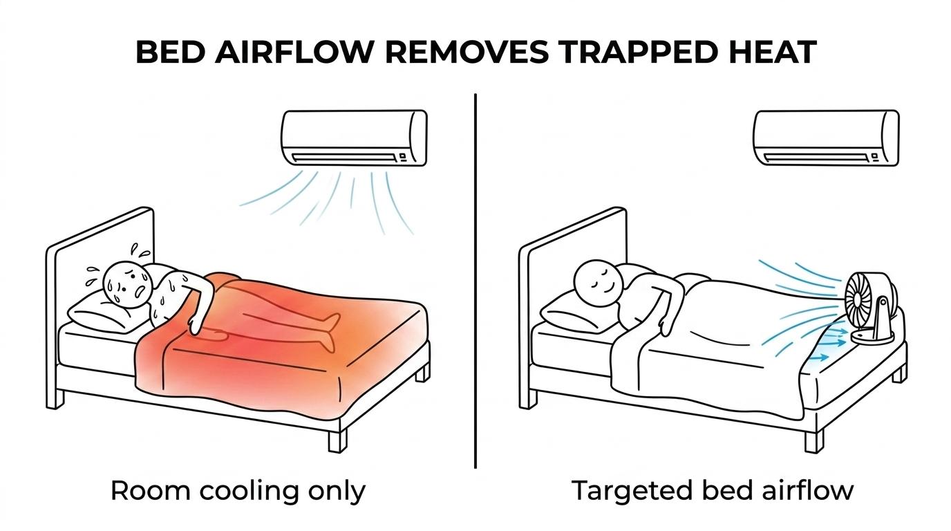 Side-by-side bed scenes showing a cool bedroom with trapped heat under the covers versus directed airflow between sheets from a bed fan.
