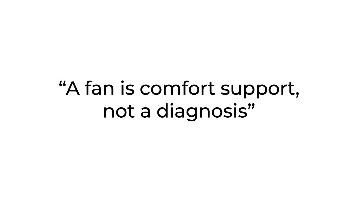 Quote card featuring the line: 'Use a bed fan to sleep better, yes. Use it instead of checking persistent symptoms, no.'