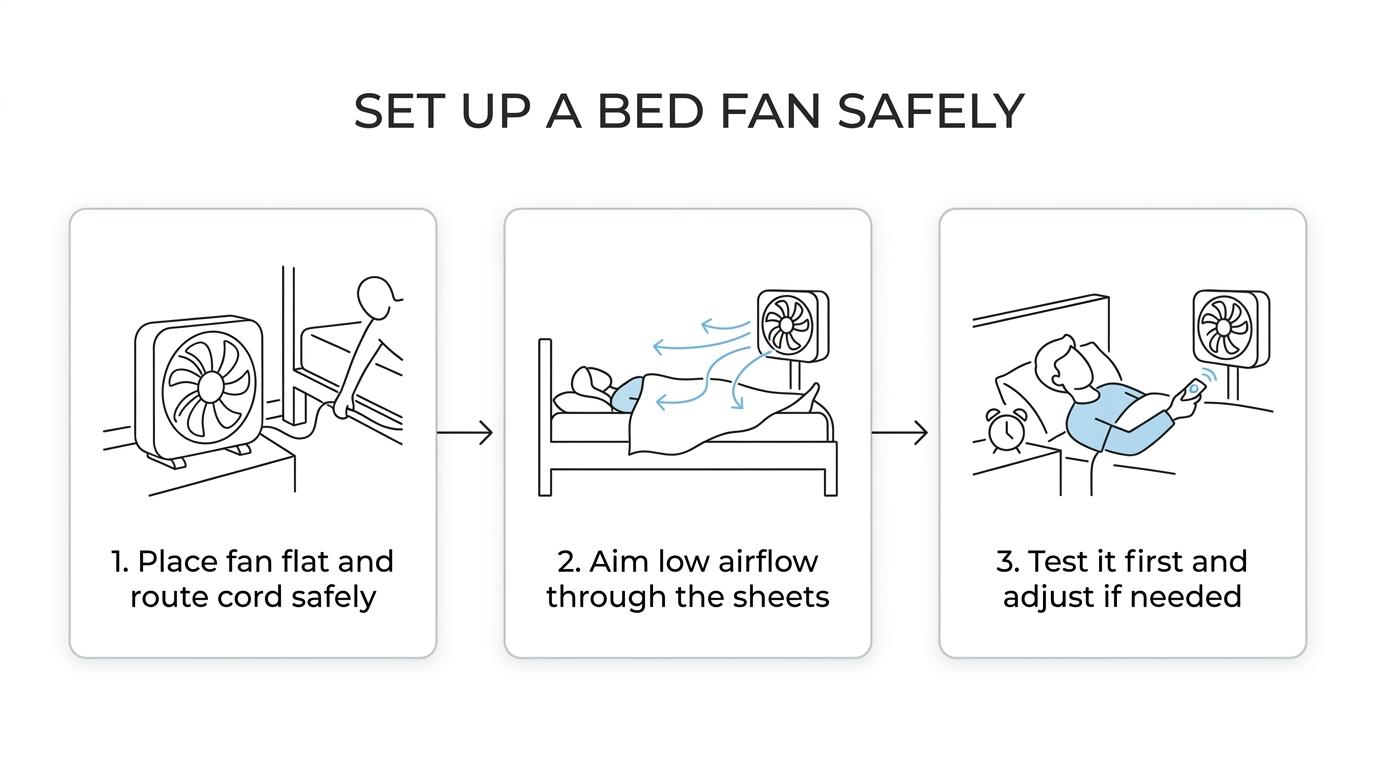 Step-by-step illustration of a bed fan safely placed beside a bed, cord routed along the bed frame, airflow moving through tight sheets, and a low-speed trial run.