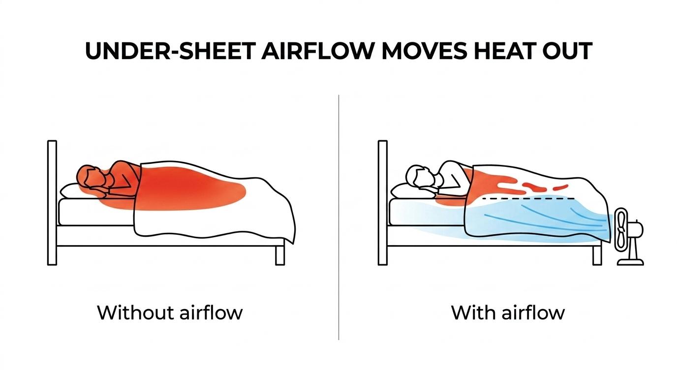 Side-by-side bed view showing trapped warm air under covers on one side and bFan airflow moving heat out between the sheets on the other.