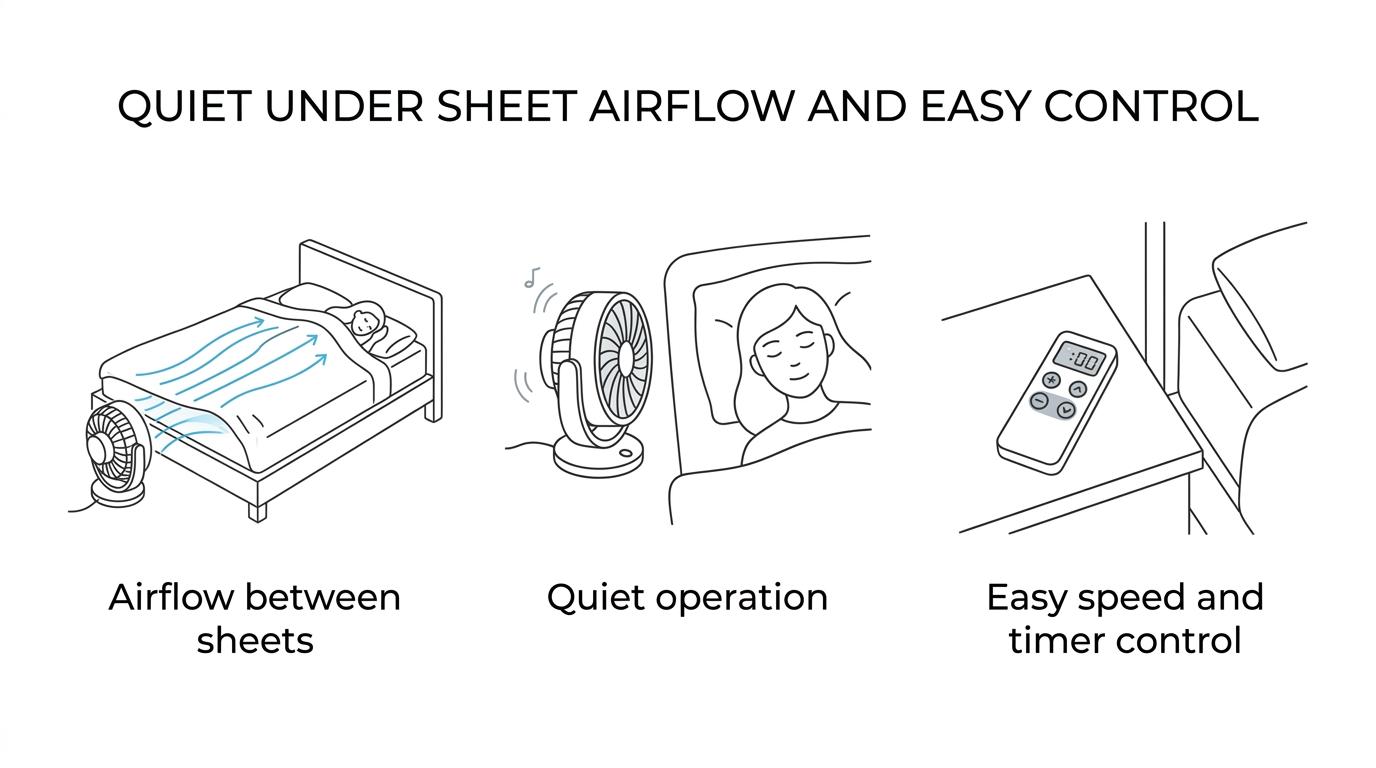 A labeled visual showing seven key bed fan features for hot sleepers: between-sheet airflow, stable placement, low noise, adjustable speed, remote and timer control, dual-sleeper flexibility, and low power use.