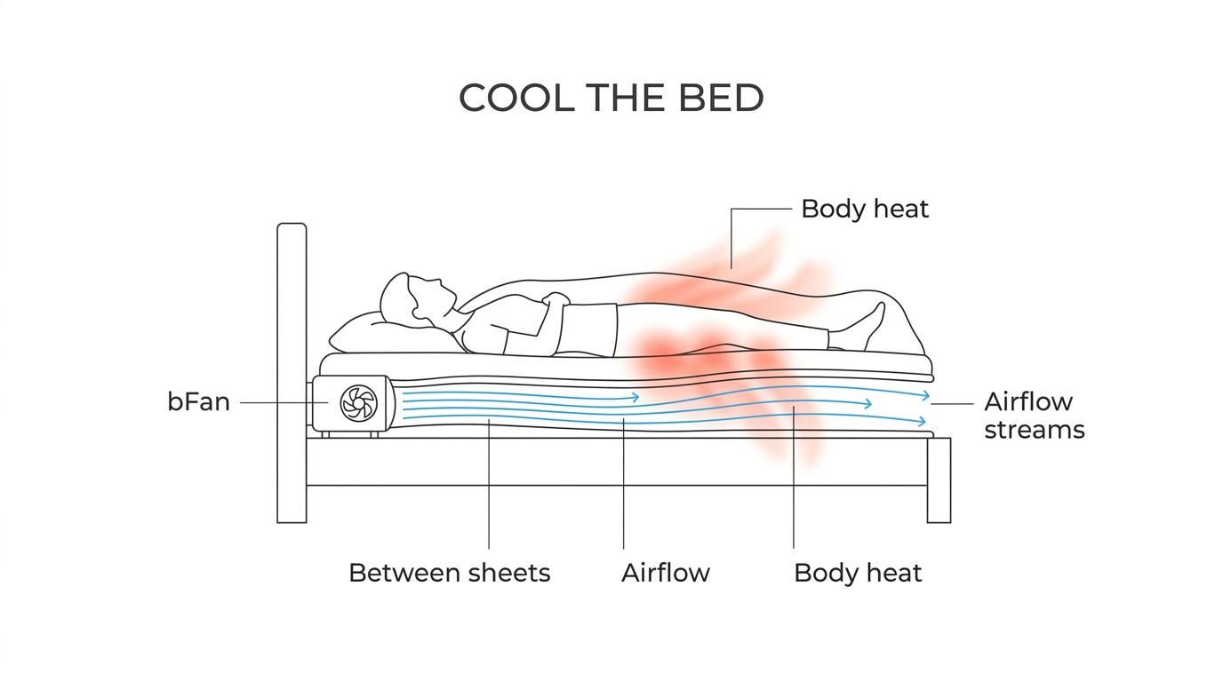 Cutaway bed diagram showing a bedside bFan pushing air between sheets and carrying trapped body heat away from a sleeper.