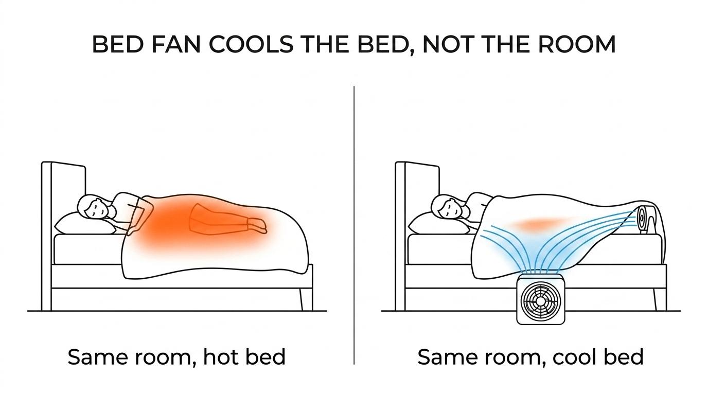 Side-by-side bed scene showing trapped warm air under blankets without a bed fan and cooler airflow moving between the sheets from a fan at the foot of the bed.