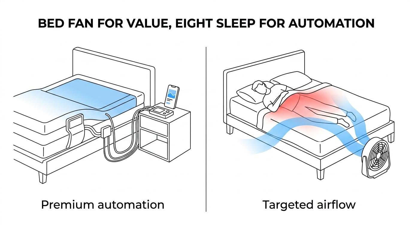 Side-by-side comparison of a smart cooled mattress system and a bed fan blowing air under the sheets around a sleeper.