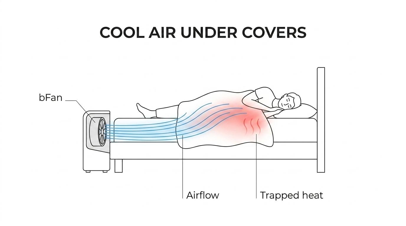 Cross-section of a bed showing a bFan at the foot blowing air between the sheets to carry heat away from a sleeper’s legs, torso, and feet.