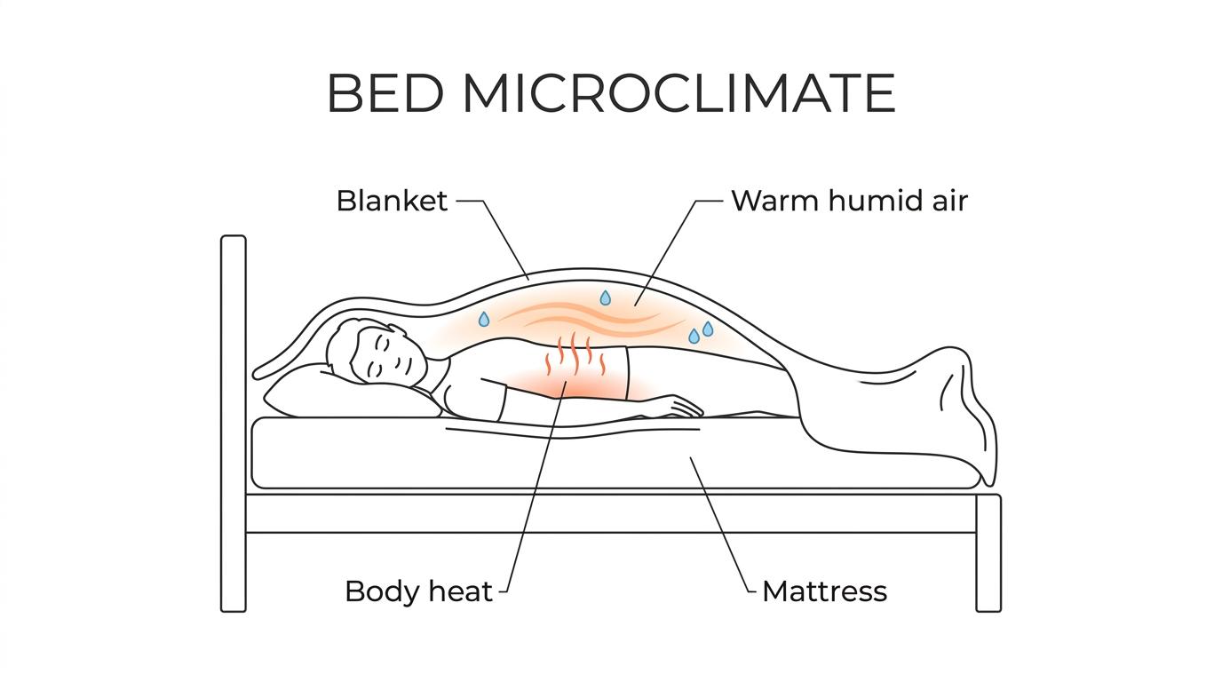 Cutaway view of a person in bed showing warm humid air trapped under blankets and cooler room air moving through the bed area.