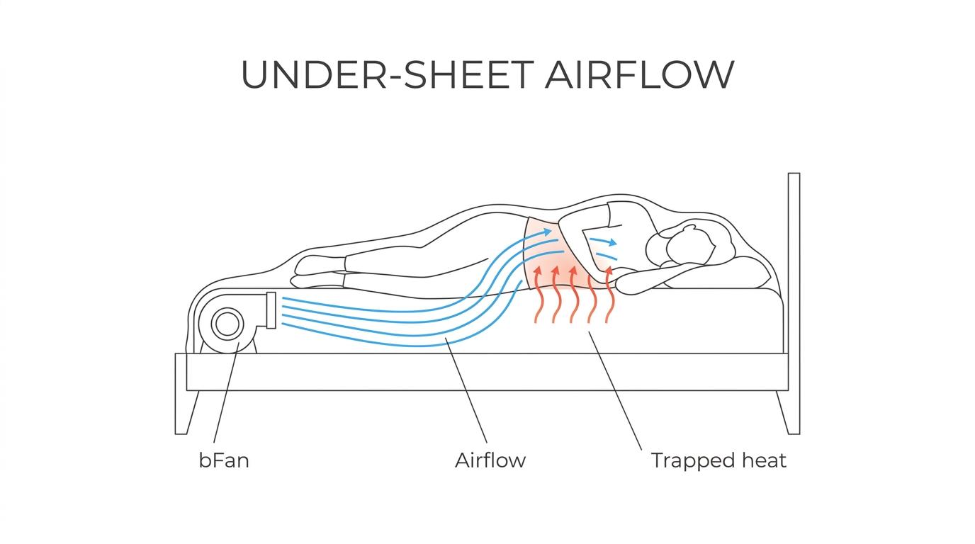 Cross-section of a bed showing a sleeper under covers, trapped heat around the body, and bFan airflow entering from the foot of the bed between the sheets.