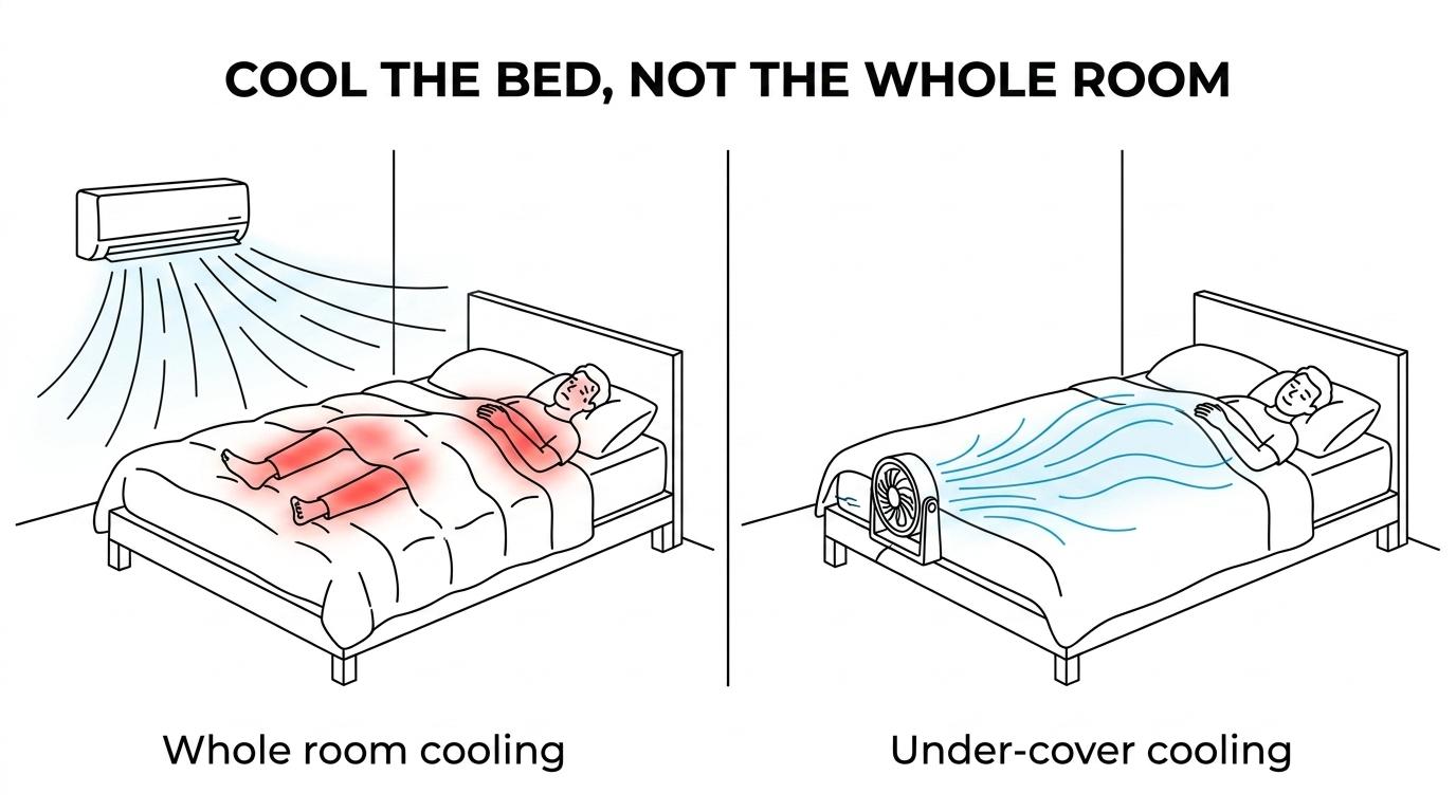 Side-by-side view of a sleeper under heavy covers with room airflow on one side and a bFan pushing air between the sheets on the other.