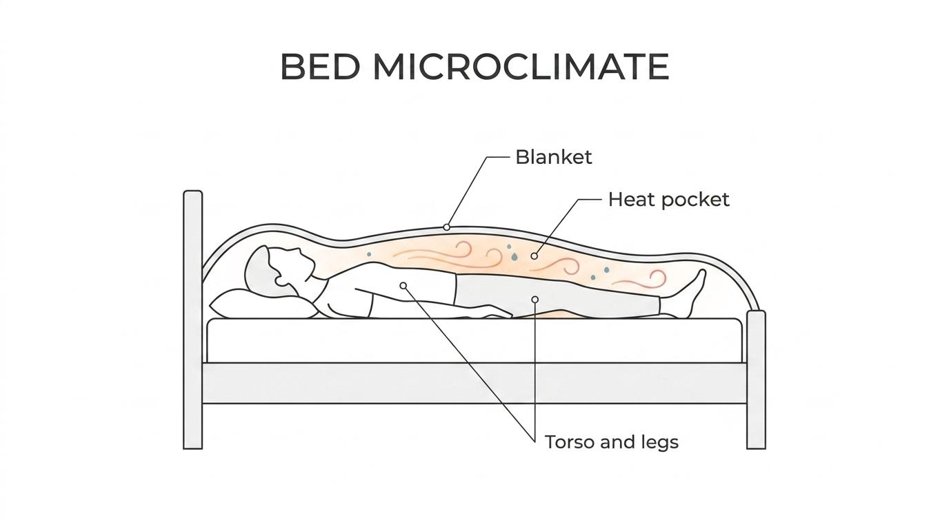 Cutaway view of a person in bed showing trapped warm air under blankets, heat held by the mattress, and airflow moving between the sheets to carry heat away.
