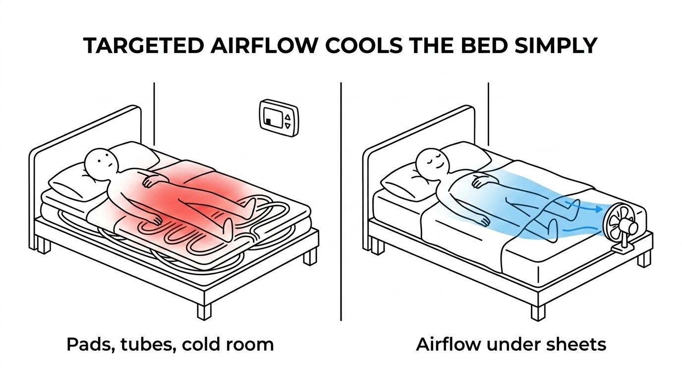 Side-by-side comparison of bFan under-sheet airflow versus water-pad cooling and whole-room cooling approaches.