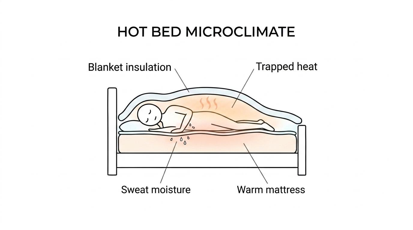 Cross-section of a person in bed showing cool room air outside the covers and trapped heat and moisture around the body under the bedding.