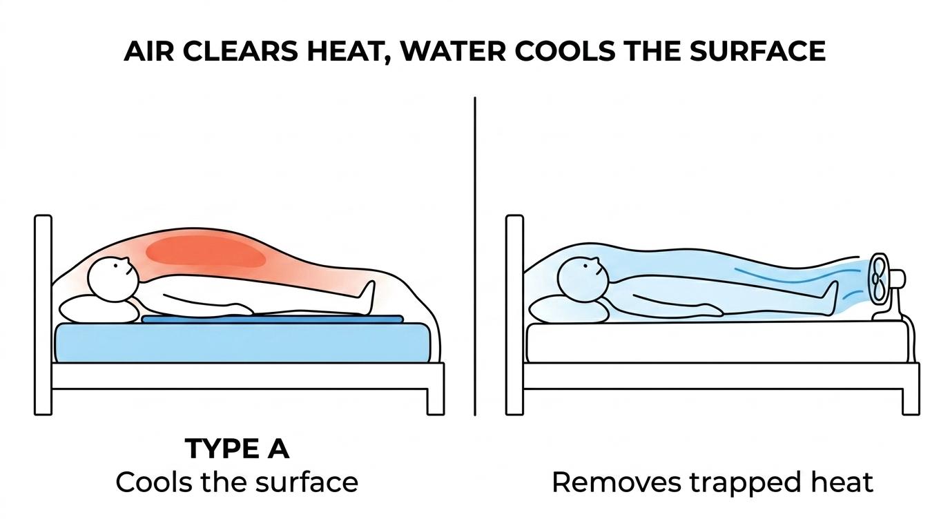 Side-by-side comparison of air cooling under bed sheets versus water cooling through a mattress pad.