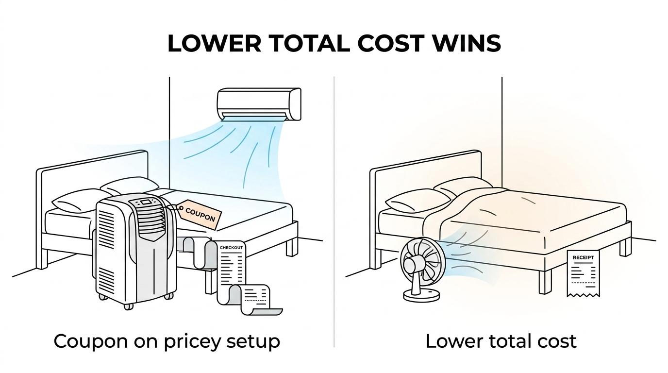 Side-by-side comparison of bFan and BedJet showing both use room air, while bFan has lower upfront and dual-zone cost, low wattage, and quiet operation.
