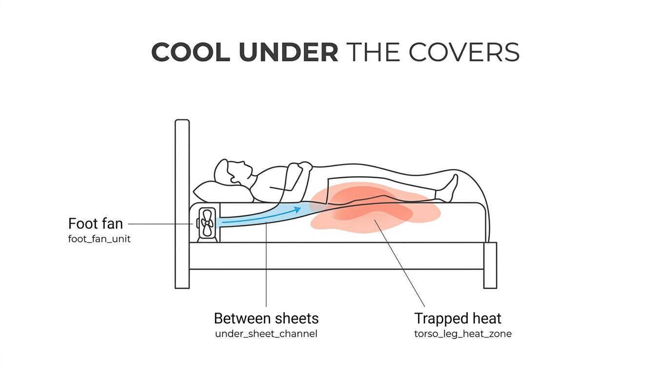 Labeled bed diagram showing trapped heat and humidity under blankets and airflow from a fan at the foot of the bed moving between the sheets.