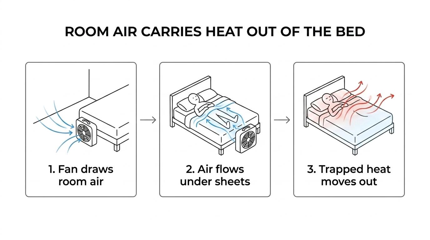 Diagram of a bed fan pushing room air between the sheets and carrying body heat away from a sleeping person.