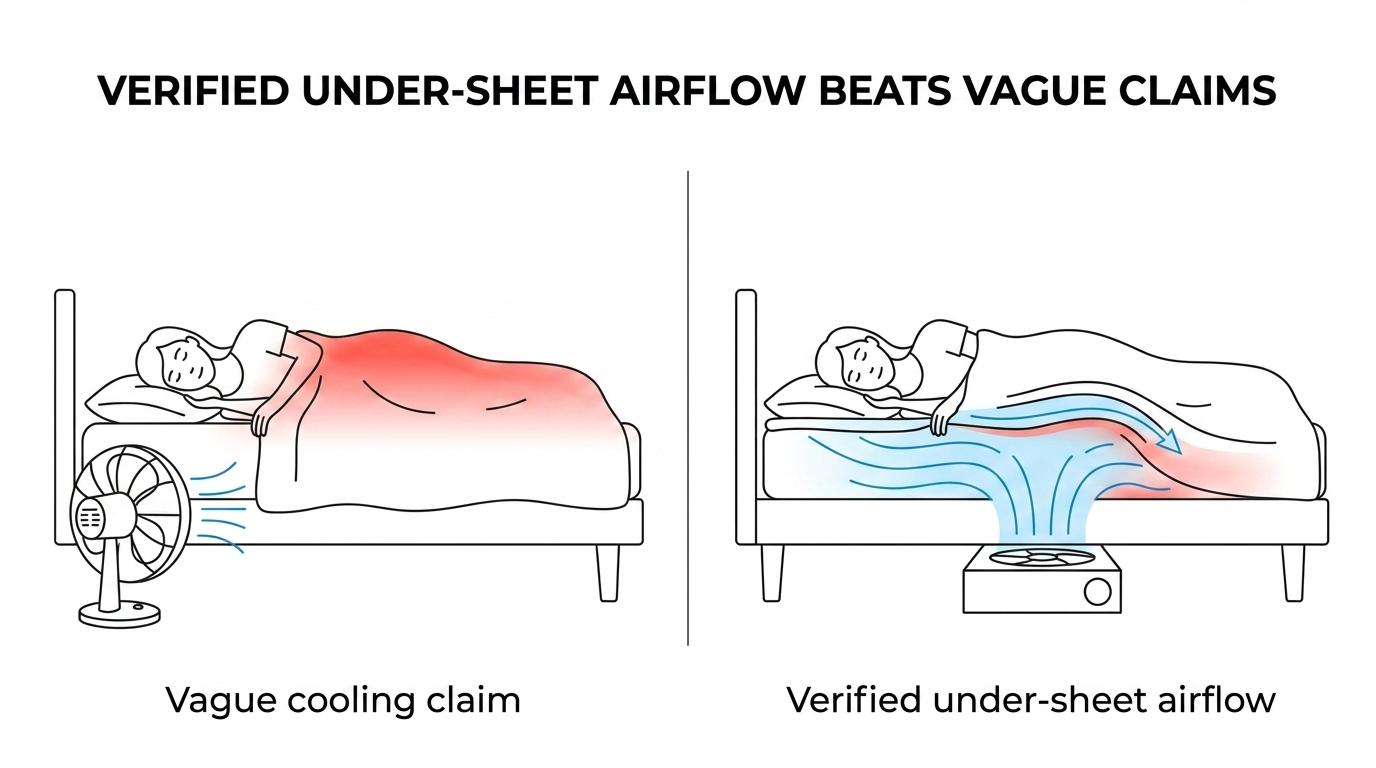 Side-by-side comparison of bFan and Breezel bed fan features including airflow path, noise, power use, controls, and spec transparency.