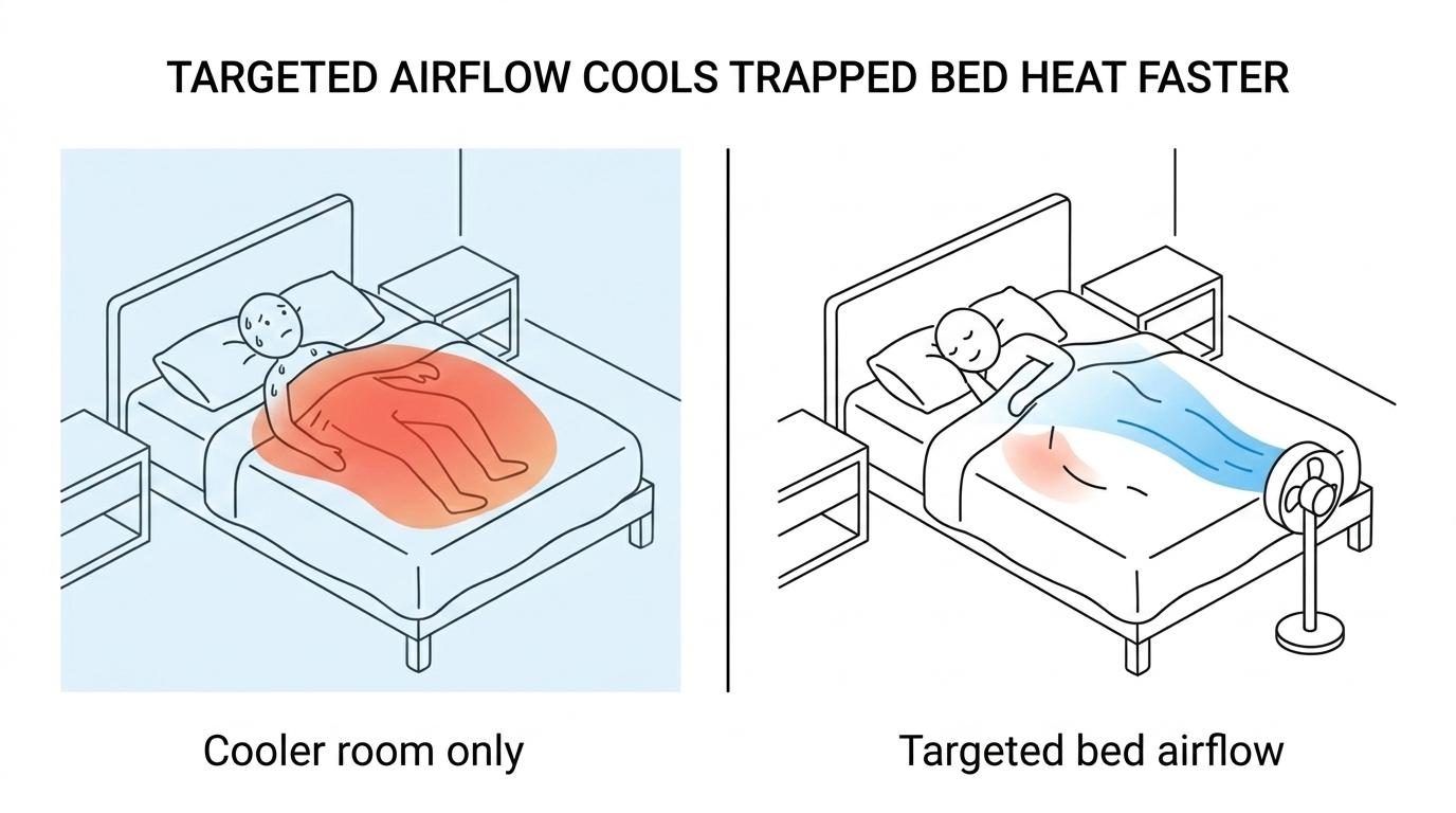 Side-by-side comparison of whole-room cooling versus under-sheet bed airflow for menopause night sweats.