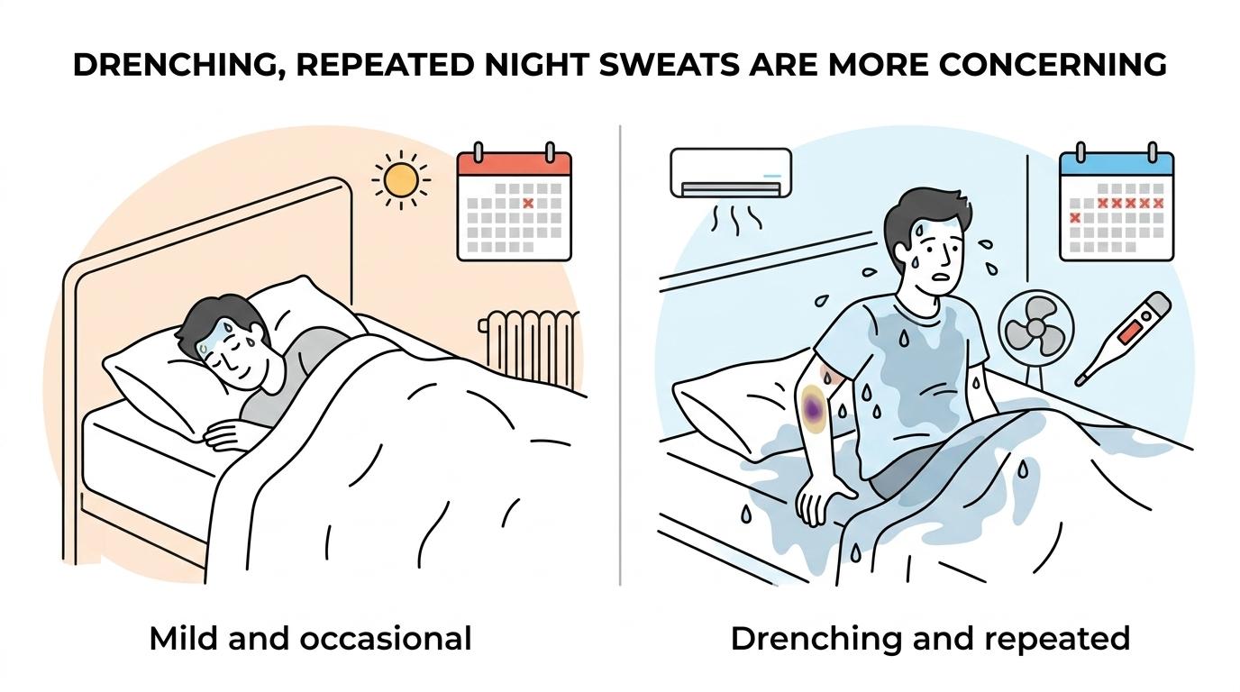 Comparison showing normal nighttime sweating from heat or temporary triggers versus drenching, repeated night sweats with other warning symptoms.